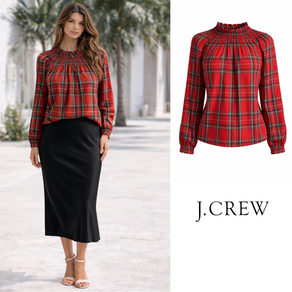 NEW J Crew Smocked-neck top in Good Tidings Holiday plaid Blouse
